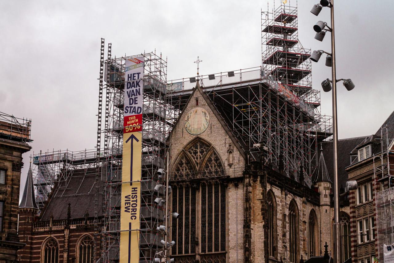 Church undergoing extensive renovation with scaffolding