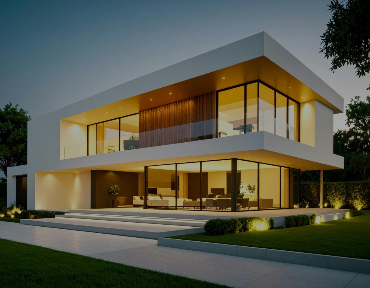 Modern house exterior glows with lights.