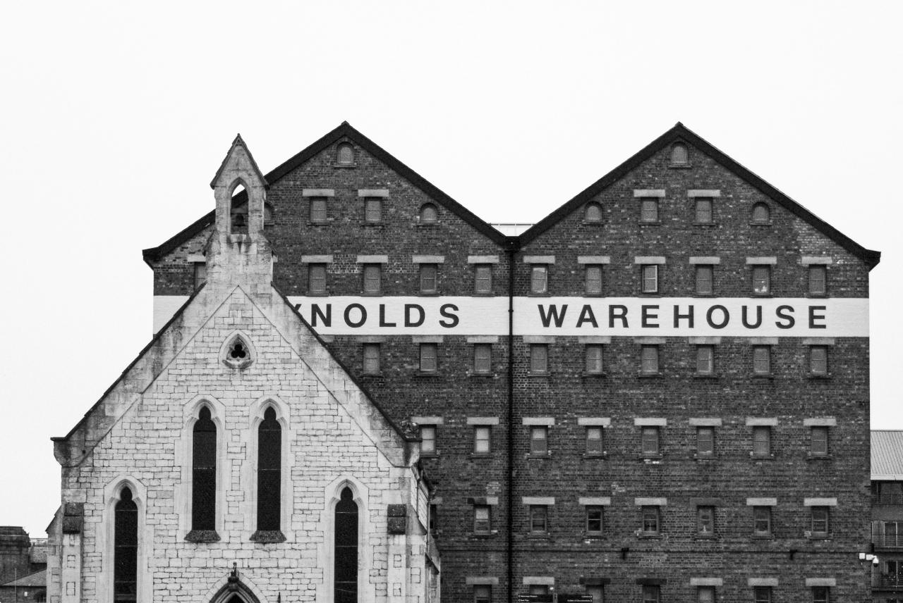 A black and white photo of a large building